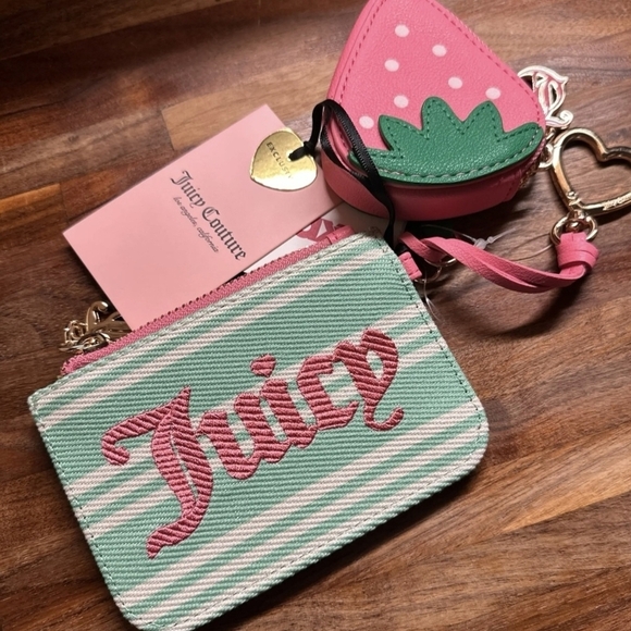 Juicy Couture Handbags - Juicy Couture Mint Green & Pink Stripe Wristlet with Strawberry Charm